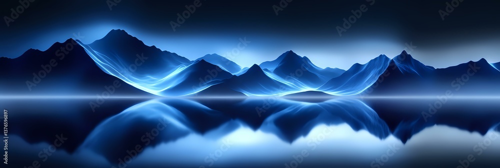 Poster glowing blue light streams across tranquil mountain lake landscape with perfect mirror reflection cr