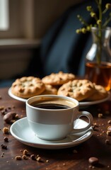 The coffee cup in the background is blurred by cookies. A cup of coffee with sweet biscuits.