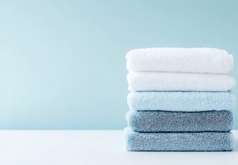 Stacked Towels in Various Blue Shades on a Light Blue Background