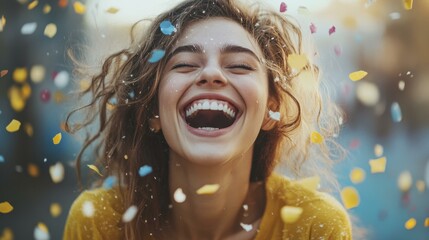 Woman's joyous laughter under showering confetti, celebrating happiness, positive emotion, party, event, fun, and youthful spirit.