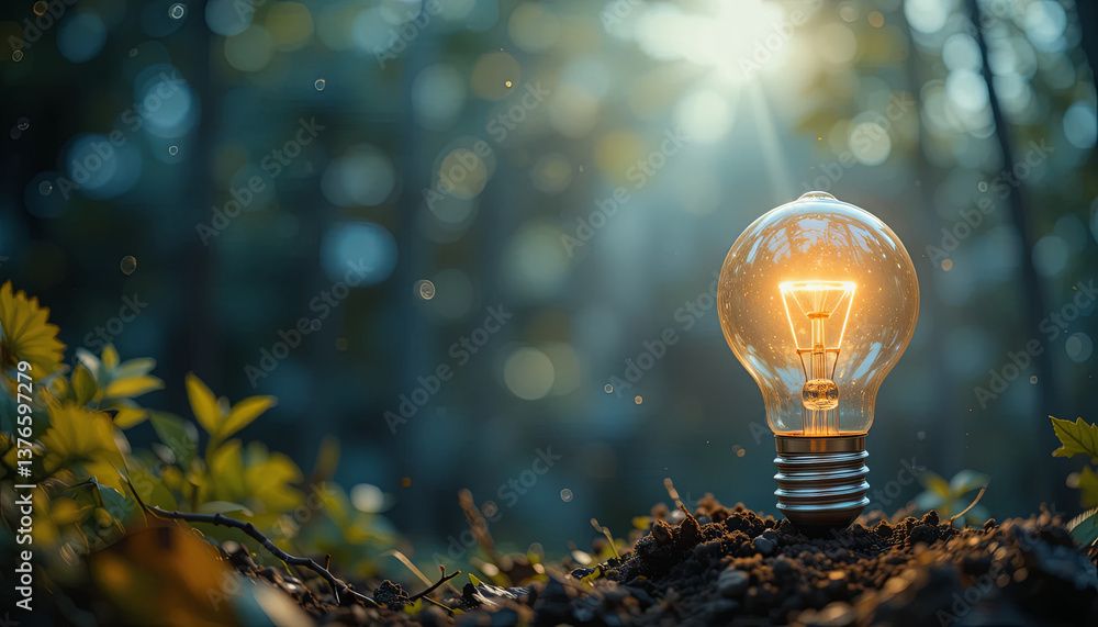 Poster a glowing light bulb rests on the forest floor surrounded by soft soil and delicate leaves, illumina