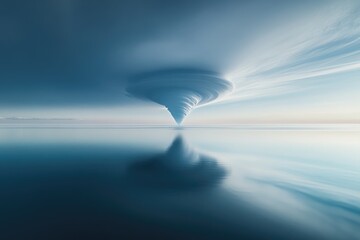 A mesmerizing waterspout descends from swirling clouds, its reflection mirroring the serene ocean below.