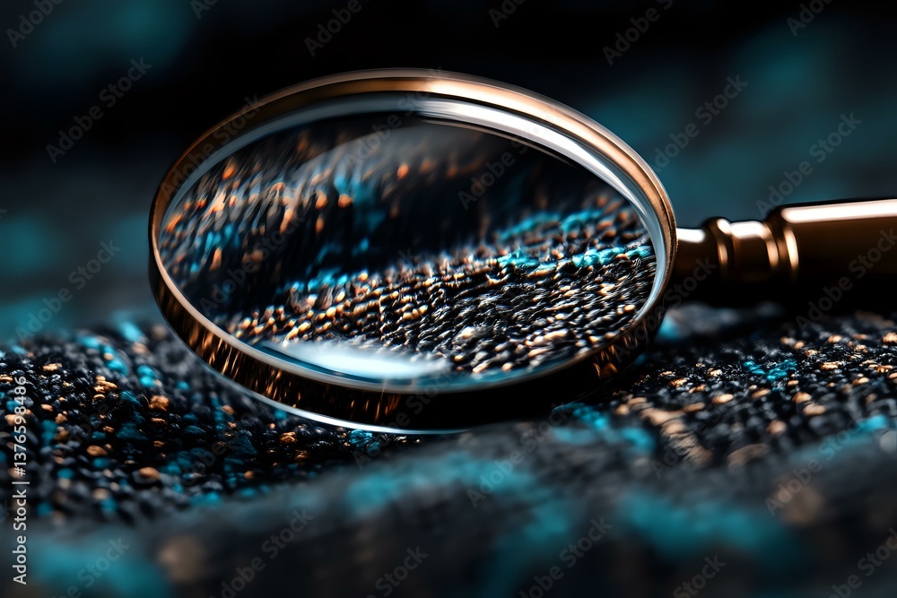 Poster magnifying glass examining digital binary code pattern on dark background with dramatic blue lightin