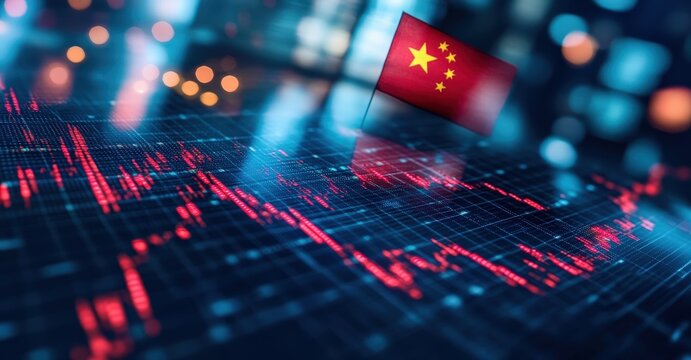 Chinese flag amidst digital financial data, symbolizing economic analysis and market trends in China.