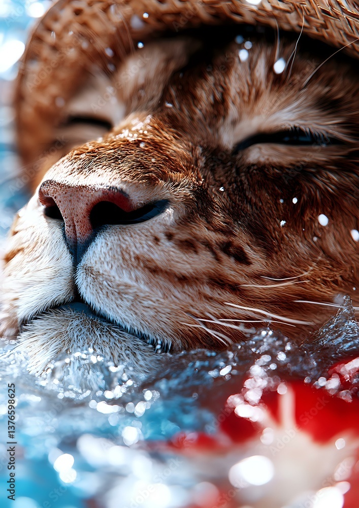 Poster close-up macro shot of ginger cat nose and whiskers with snow flakes and winter bokeh lights in blue