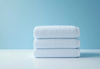 Stacked White Towels Against Blue Backdrop Provide Spa or Hotel Mood