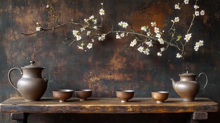 Elegant Korean tea table setup for traditional tea ceremony with blossom plum branch