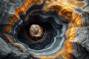 Obraz premium Vibrant, intricate layers of rock with striking orange and gray hues create a mesmerizing natural formation.