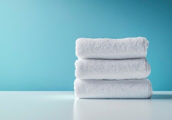 Stacked White Towels Clean and Fresh on a Blue Background