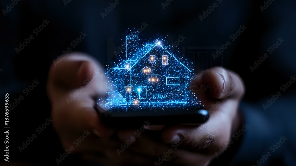 Aufkleber glowing blue hologram of smart house floating above mobile phone in hands, digital home automation c