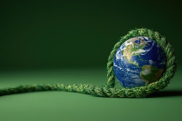 Earth is surrounded by green rope on a green backdrop