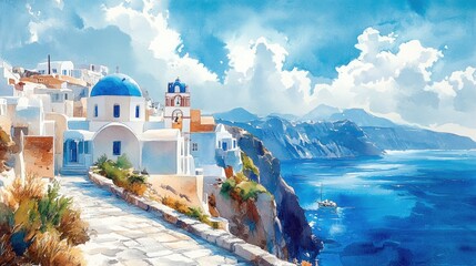Fototapeta premium Greece in watercolor style, Watercolor sketch, Beautiful island of Santorini, Greece.