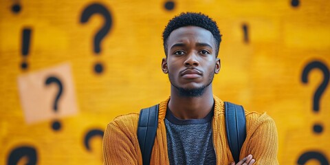 Portrait of a young man with a backpack in front of a yellow wall with question marks and exclamation