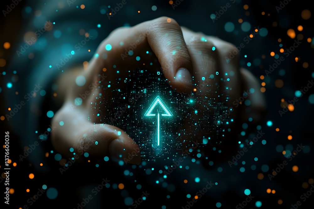 Poster glowing blue arrow pointing upward appears between hands against dark background with magical bokeh 