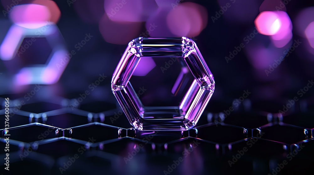 Poster glowing hexagonal crystal structure with purple bokeh lights on dark reflective surface creates futu