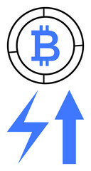 Bitcoin inside circular frame, electric bolt, and upward arrow illustrating cryptocurrency growth. Ideal for finance, blockchain, investment, innovation, energy efficiency, digital economy flat