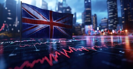 UK flag with cityscape and financial data background, symbolizing economic insights and global business.