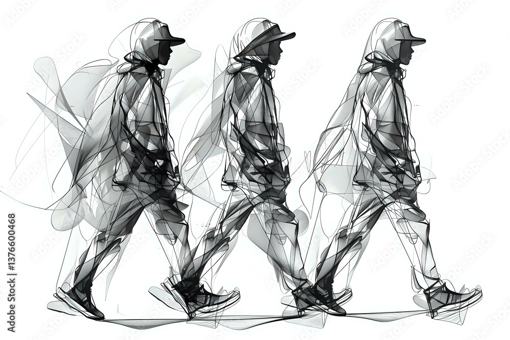 Poster walking man sequence in dynamic motion, artistic black and white sketch style showing movement and f
