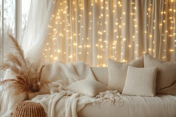 Cozy living room decor with fairy lights pillows and pampas grass creating a warm and inviting space