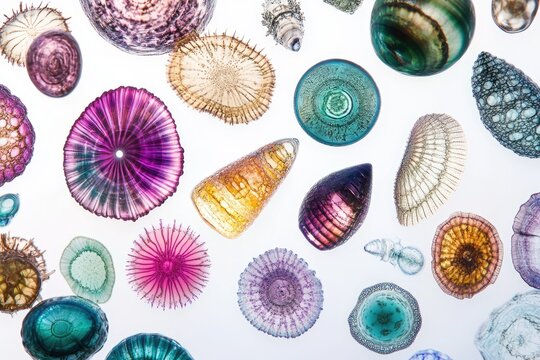 Microscopic view of various colorful diatoms and radiolarians, showcasing intricate details and vibrant hues.