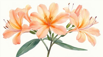 Fototapeta premium A delicate illustration of peach-colored flowers with elongated petals and green leaves, evoking beauty and tranquility.