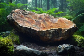 Obraz premium Giant petrified tree trunk rests in a lush, mossy forest clearing, showcasing its rich, ancient texture.