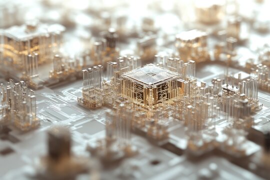 Abstract digital cityscape, intricate circuitry and transparent structures create a futuristic, technological aesthetic.
