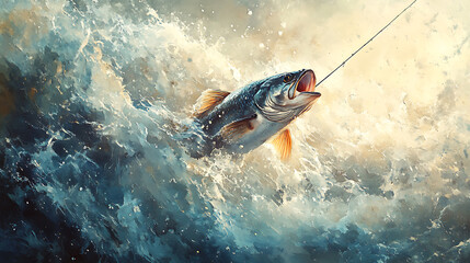 Low angle shot showing taut fishing line slicing through the air toward water, gentle waves forming around the hook, serene yet powerful momentHighly detailed, cinematic composition,