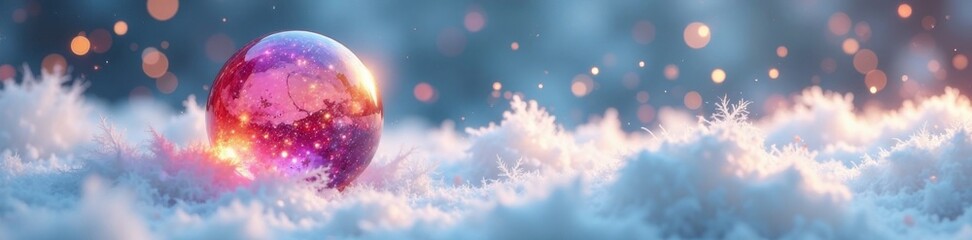 Colorful abstract ball floating amidst a sea of soft, white feathers and glittering snowflakes, holiday, festive