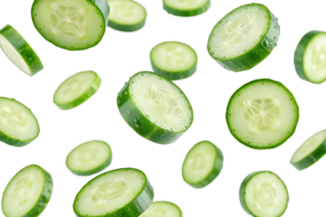 Many green cucumber slices falling on grey background fresh healthy food image
