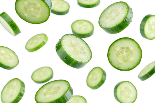 Many green cucumber slices falling on grey background fresh healthy food image