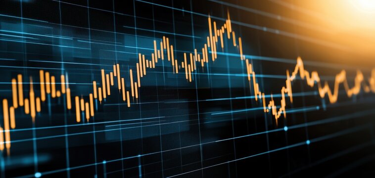 Futuristic stock market interface, 3D holographic graphs and candlesticks floating above digital grid background, financial tech concept, 3D illustration