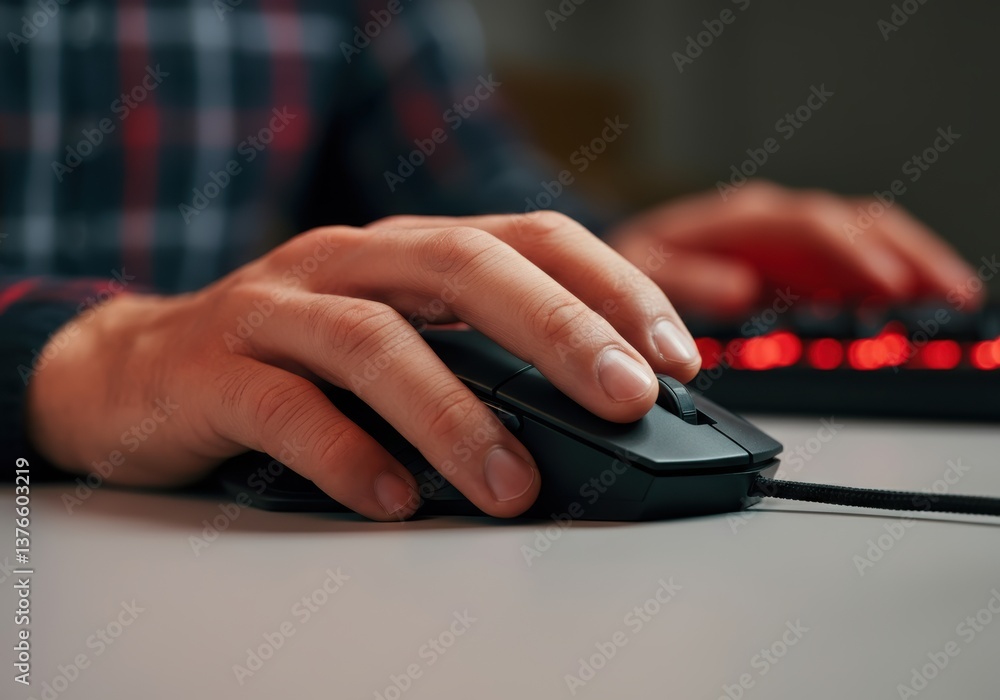 Poster close-up of a hand using a computer mouse while typing on a keyboard