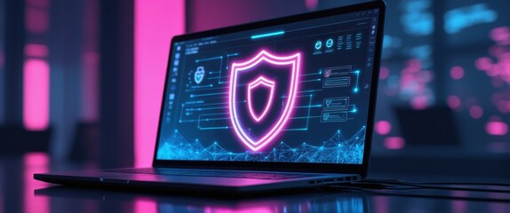 futuristic glowing laptop with shield screen protection