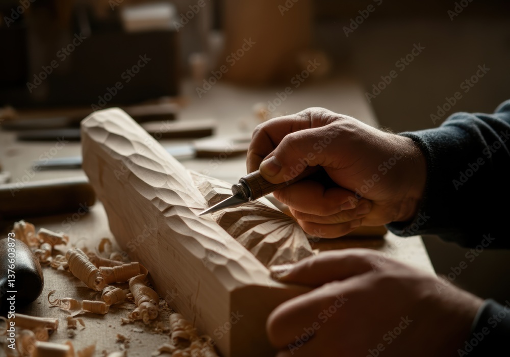 Poster skilled artisan carving intricate patterns into a wooden block