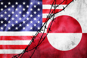Grunge flags of USA and Greenland divided by barb wire illustration © xbrchx