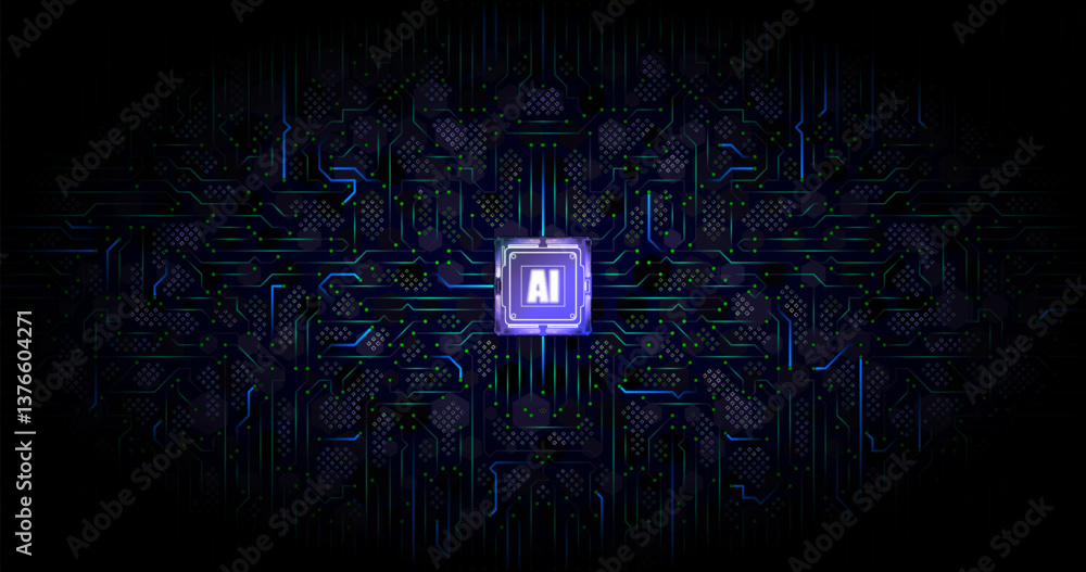 Aufkleber the central microchip with the inscription is surrounded by glowing conductors, creating a cyber-tec