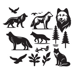 Black silhouettes of wild and domestic animals vector icon set