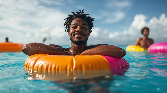 Smiling man enjoying summer in colorful pool float