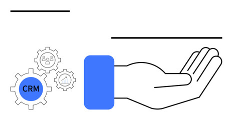 Open hand symbolizing service next to gears highlighting CRM tools, analytics, and teamwork. Ideal for customer management, support, service, automation, strategy analytics innovation. Flat simple