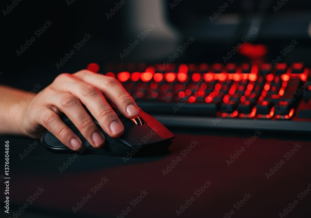 Poster hand using a gaming mouse on a desk with a backlit keyboard
