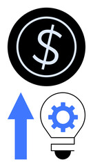 Dollar coin symbolizing money, upward arrow for progress, lightbulb with gear for innovation. Ideal for finance, investment, entrepreneurship, growth, strategy technology economy. Flat simple