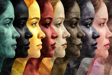 Faces of people of different nationalities and skin colors next to each other, showing the unity and equality of different cultures
