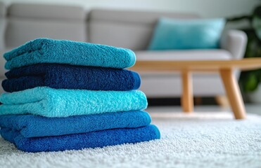 Stack of Blue Towels in Modern Living Room Setting on White Rug