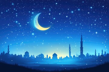 Naklejka premium Serene Night Sky Illustration for Ied Celebration: Moon and Stars Glowing in a Deep Blue Christmas-Inspired Background