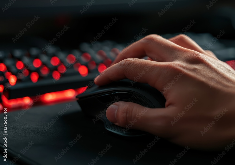 Poster hand using a gaming mouse on a backlit keyboard and mousepad