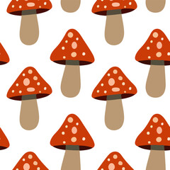 Flat vector autumn pattern with mushrooms, forest, and fox, minimalistic and cozy design.