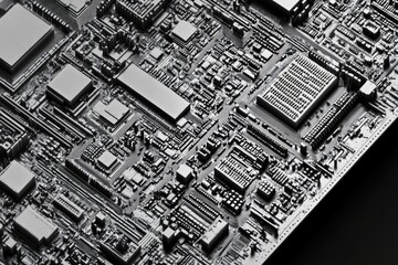 Close-up of a complex computer circuit board showcasing intricate details and technological components.