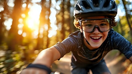 Young Asian female cyclist smiling while mountain biking through forest trail at sunset, wearing protective helmet and sports eyewear, motion blur effect adds dynamic feel.