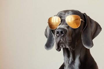 A Great Dane dog wears sunglasses with style looking ahead